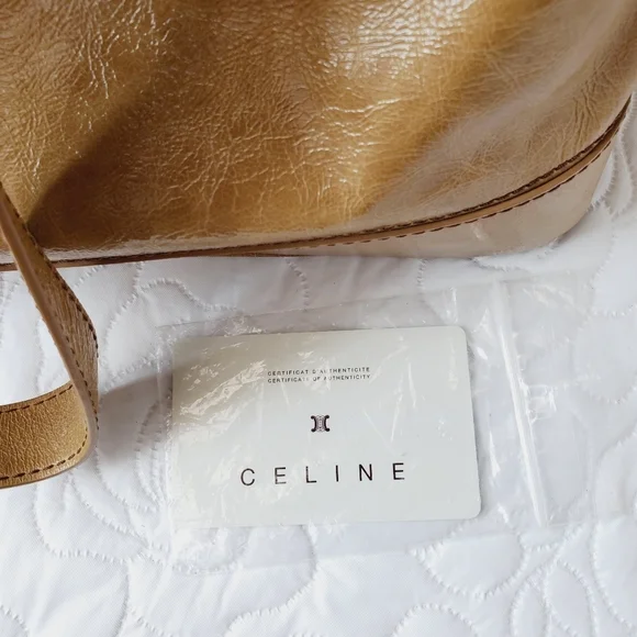 CELINE Wrinkled Patent Leather Handbag Shoulder Bag Beige Tan Tote Triomphe - Picture 12 of 16